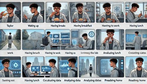 DALL·E 2024-07-01 21.39.51 - Create a storyboard panel with 10 slides depicting Taylor, a scientist, going through his day. The scenes include him waking up, having breakfast, com